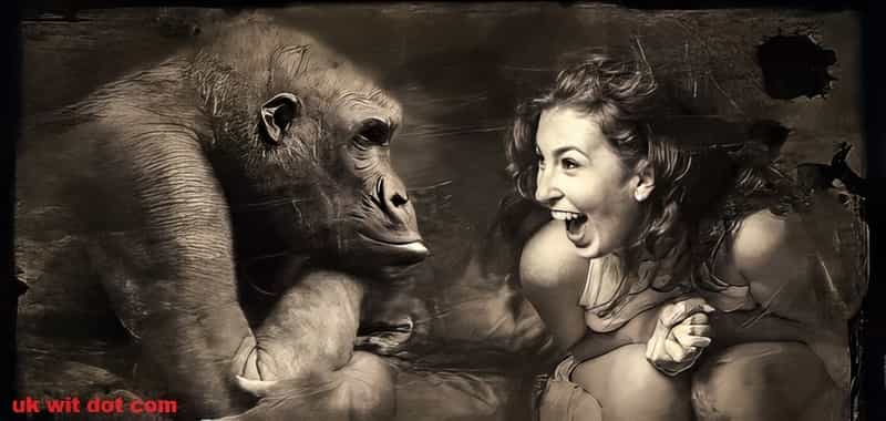 Politically incorrect websites: Sexy woman laughing with a monkey.